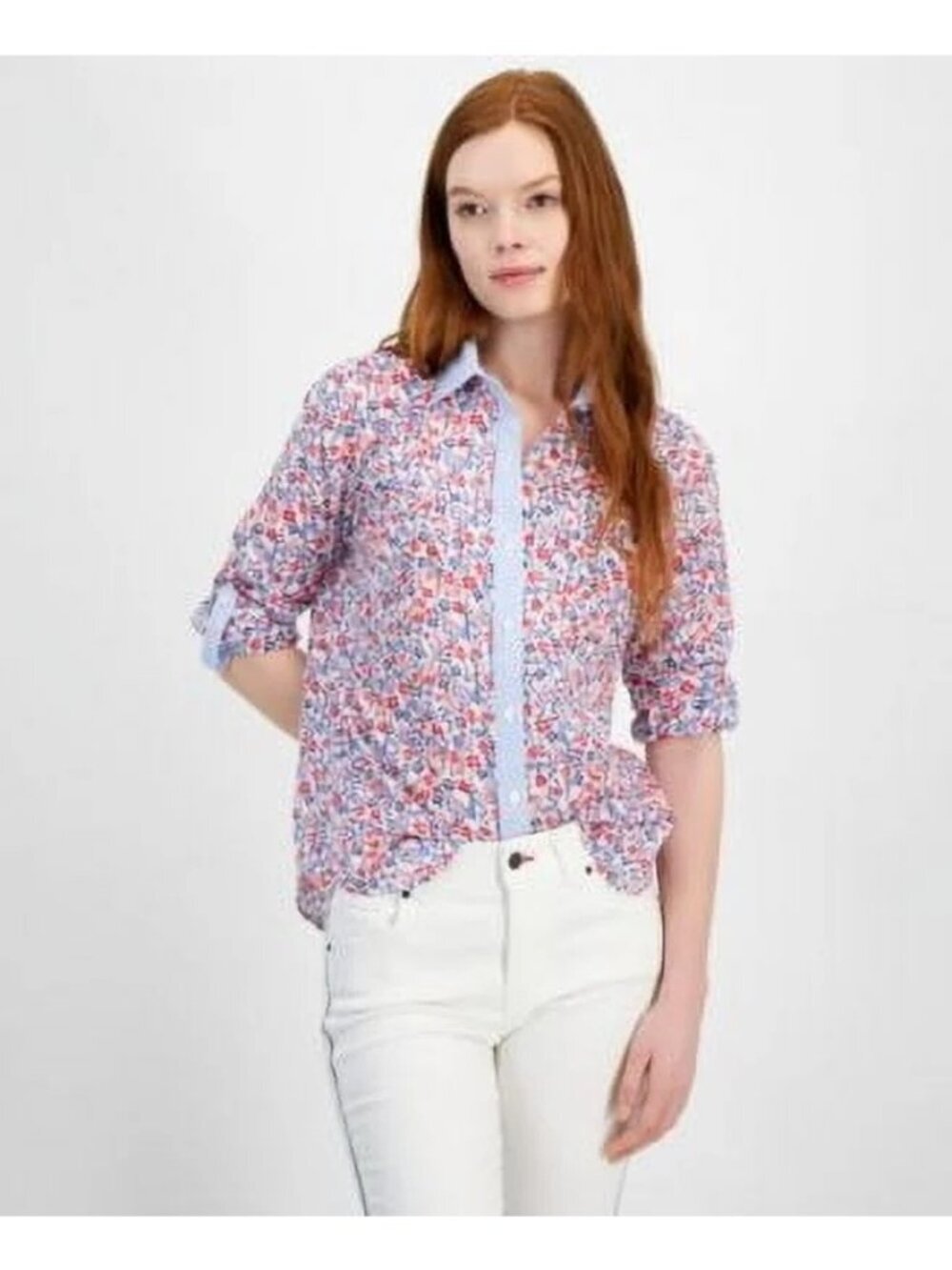 Tommy Hilfiger Floral Plus Size Roll Tab 100% Cotton Button Up Blouse